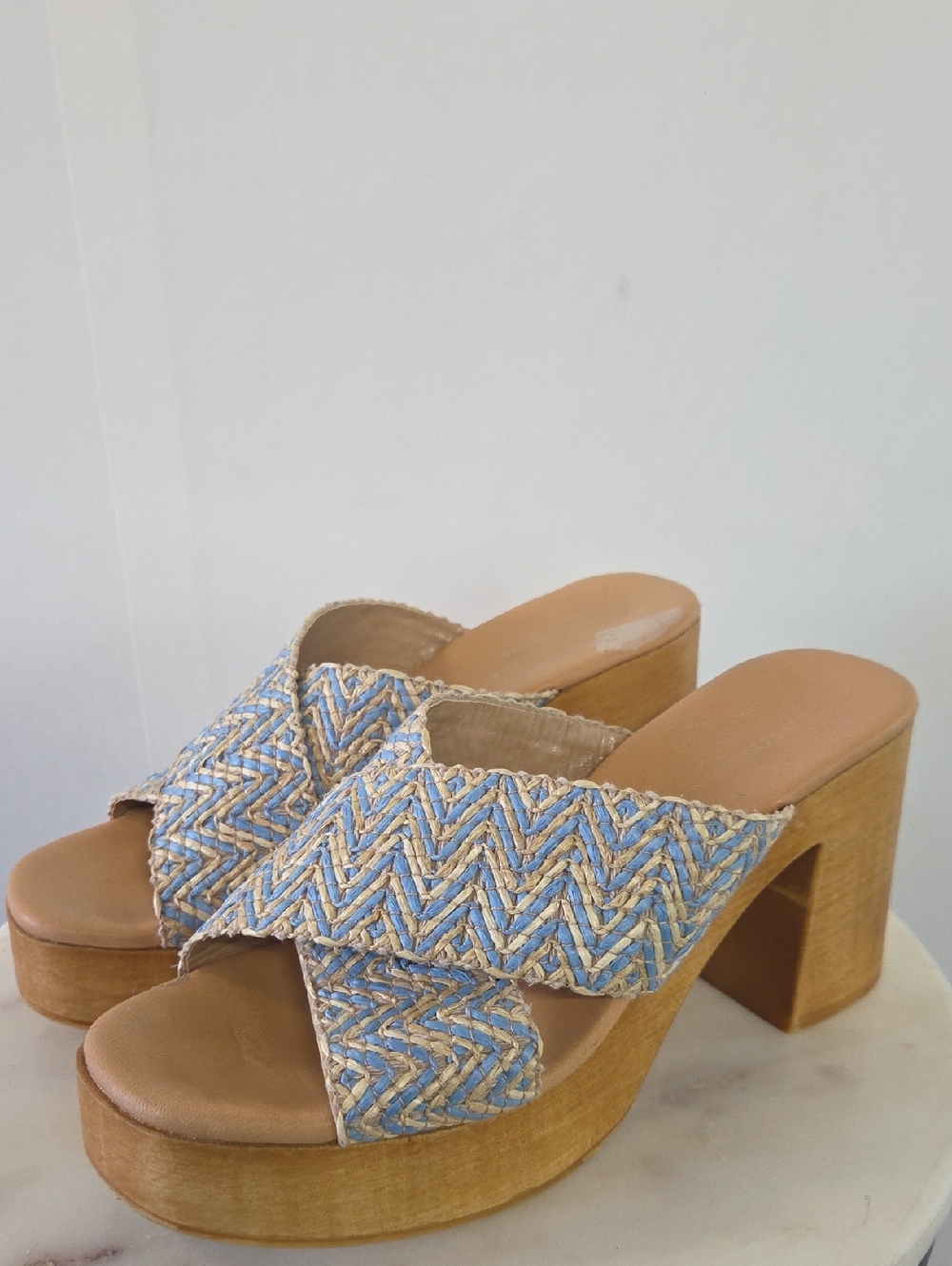 Braided Blue and Tan Platform Slide Heels - Women's Size 39